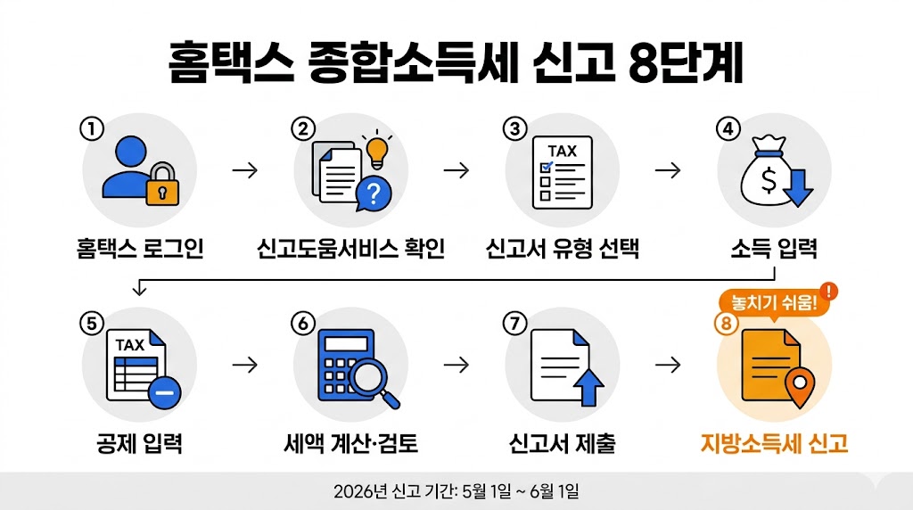 홈택스 종합소득세 신고 8단계 인포그래픽