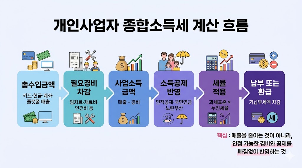 개인사업자 종합소득세 계산 흐름도 인포그래픽
