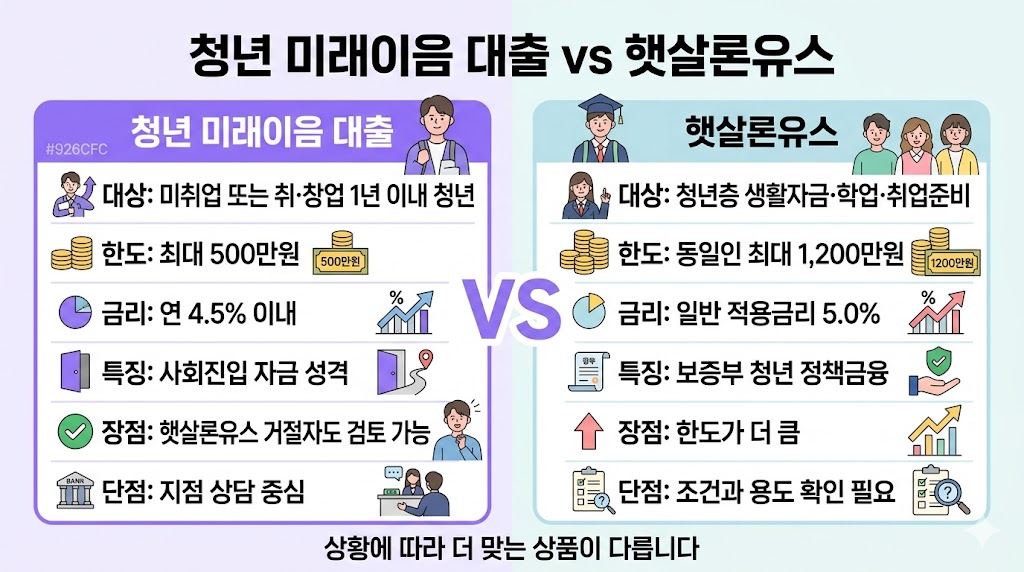 청년 미래이음 대출과 햇살론유스의 대상 한도 금리 차이를 비교한 인포그래픽