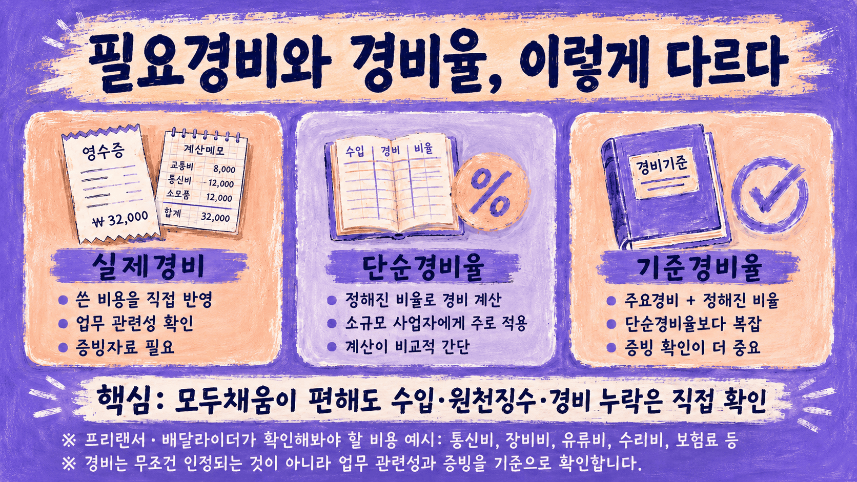 프리랜서 필요경비 실제경비 단순경비율 기준경비율 차이와 확인 포인트를 정리한 인포그래픽